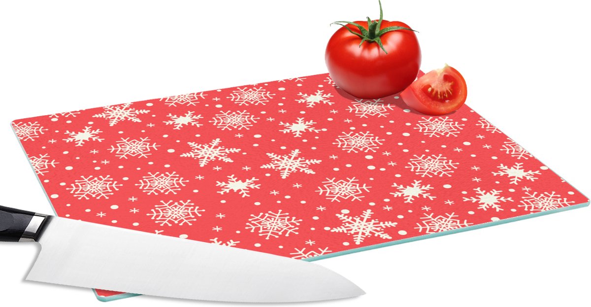 Glazen Snijplank - 28x20 - Patroon - Sneeuwvlok - Kerst - Rood - Wit - Snijplanken Glas