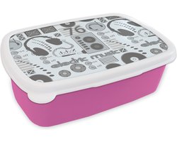 Broodtrommel Roze – Lunchbox – Brooddoos – DJ – Koptelefoon – Vintage – Tekening – Design – 18x12x6 cm – Kinderen – Meisje