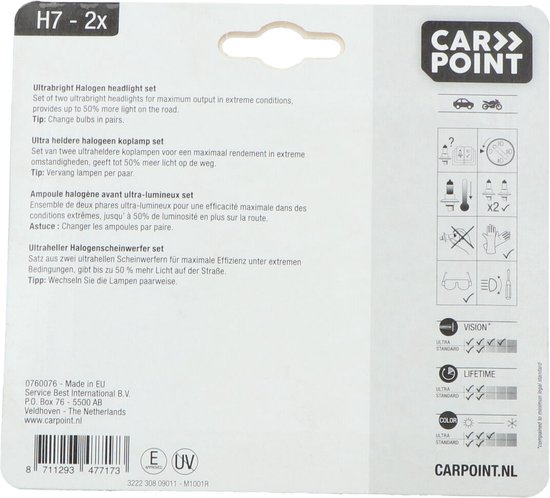 Verpakking van Carpoint ultrabride halogeenlampen H7 12V 55W, met productinformatie en keurmerken.