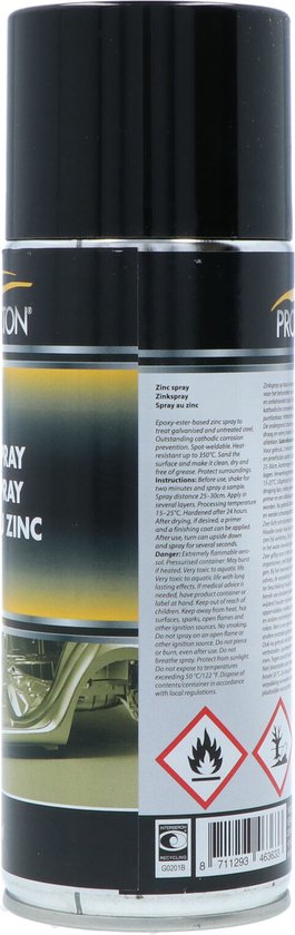 Zinkspray van Protecton met tekst en afbeelding van auto-onderdelen. 400ml.
