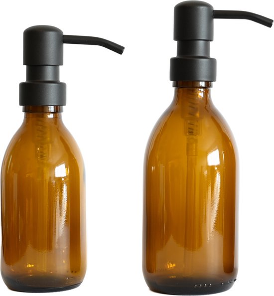 Groeikruid® Zeeppompjes Set 200 ml + 300 ml | Glazen Zeepdispensers | Vrijstaand en Hervulbaar | Amber Glas met RVS Pompkop | Zwart