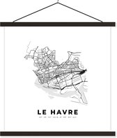 Posterhanger incl. Poster 120x120 cm - Schoolplaat - Le Havre – Plattegrond - Zwart Wit – Stadskaart – Kaart - Textielposter - Zwarte latten - Plattegrond