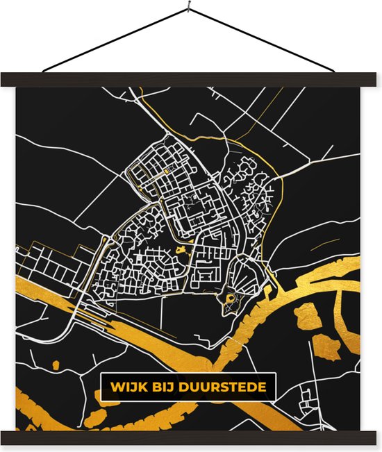Posterhanger incl. Poster 60x60 cm - Schoolplaat - Wijk bij Duurstede - Stadskaart - Plattegrond - Kaart - Black and Gold - Textielposter - Zwarte latten - Plattegrond