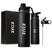 ZEUZ Premium RVS Thermosfles & Drinkfles – Waterfles met Rietje - BPA Vrij – 700 ml - Mat Zwart