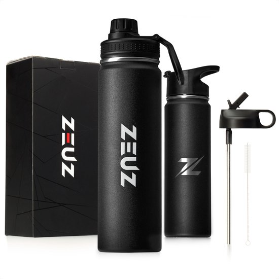 ZEUZ® Premium RVS Thermosfles & Drinkfles – Waterfles met Rietje – BPA Vrij – 700 ml – Mat Zwart
