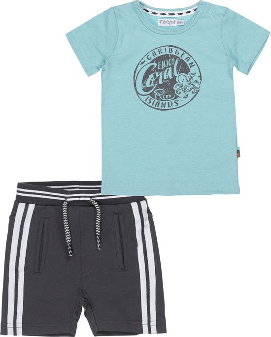 Dirkje - Ensemble de vêtements (2 pièces) - Pantalon court marron avec bordure - Chemise turquoise avec imprimé - Taille 104
