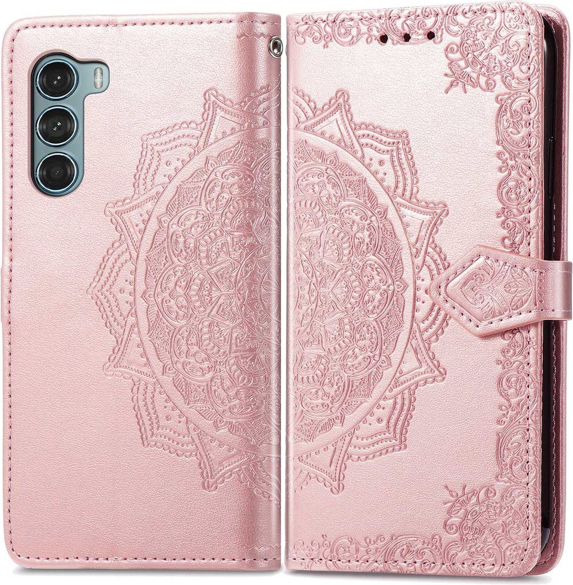 iMoshion Hoesje Geschikt voor Motorola Moto G200 Hoesje Met Pasjeshouder - iMoshion Mandala Bookcase - Rosé Goud