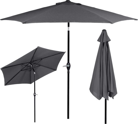 Antracietkleurige parasol in drie weergaven: volledig geopend, deels gesloten en een detailopname van de stof.