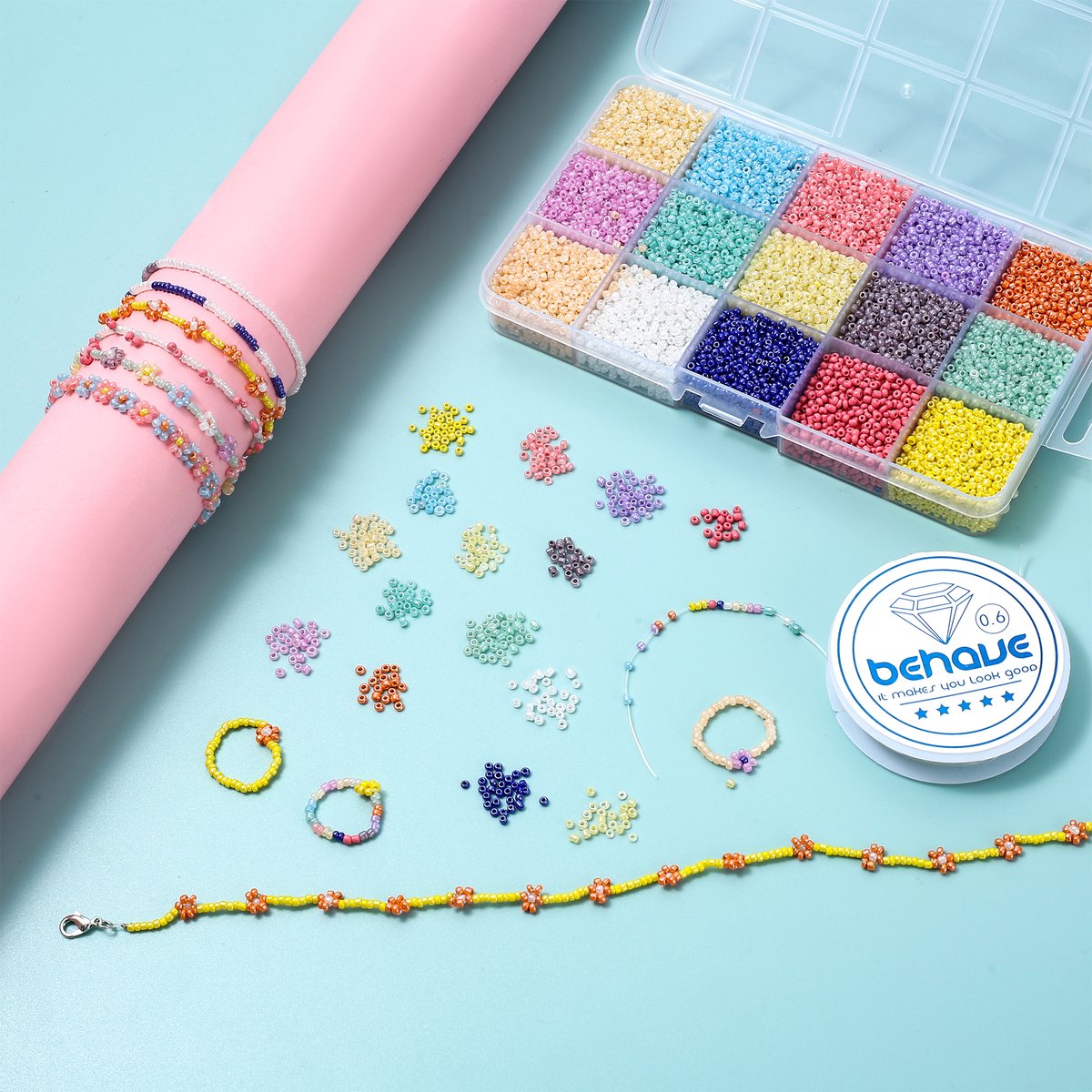 Behave 15000 Glaskralen Set - DIY Sieraden maken - Kralen Set - Rocailles - Rijgdraad - 15 Pastel Kleuren - 2mm — afbeelding 13