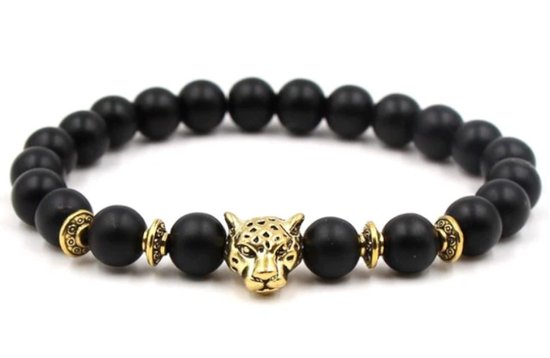 Armband Kralen Dames / Heren - Leopard bedel goud zwart - Mannen / vrouwen kralenarmband - 8mm kralen - Chakra armband sieraden - Bandje 19 cm - Elastiek