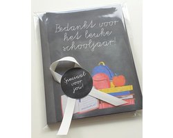 Pakketje 'Bedankt voor het leuke schooljaar' - Meer Leuks - Kaart + Notitieblokje samen leuk verpakt. Cadeautje voor meester of juf.