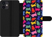 Bookcase Geschikt voor iPhone 12 Mini telefoonhoesje - Patronen - Kat - Regenboog - Roze - Meisjes - Kinderen - Kindje - Met vakjes - Wallet case met magneetsluiting