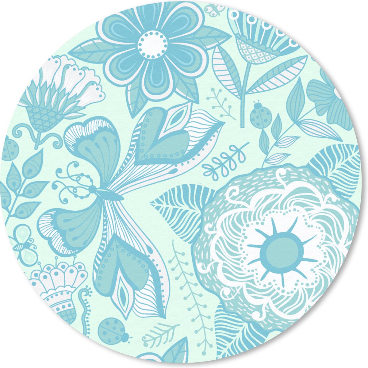 Muismat rond 50x50 cm - Mousepad Bloemen - Blauw - Wit - Patroon - Ronde muismatten