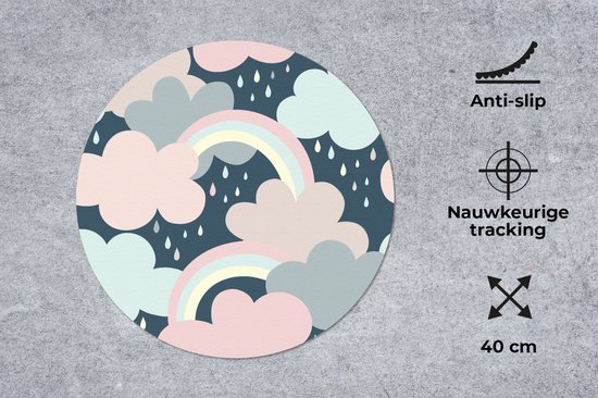 Muismat - Mousepad - Rond - Regenboog - Wolk - Regen - Kinderen - Patronen - 40x40 cm - Ronde muismat