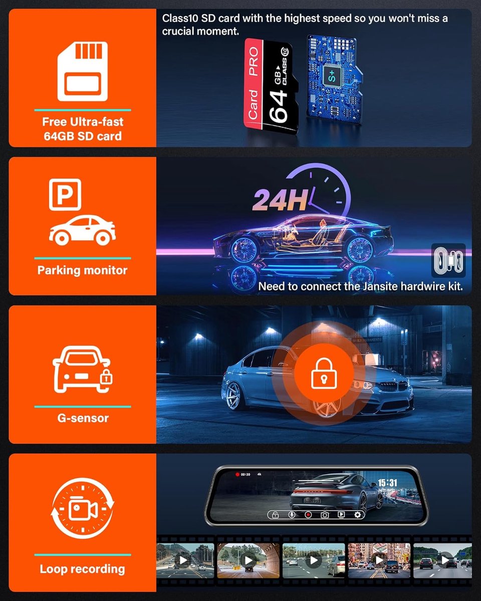 Dashcam voor auto voor en achter – Dual dashcam – Voor- en achtercamera – Autocamera – Full HD dashcam – Dashcam met nachtzicht – Dashcam met bewegingssensor – Groothoeklens – Parkeermodus – Loop recording – Dashcam met SD-kaart – foto 4