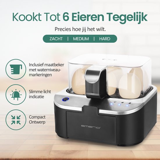 Emerio eierkoker zwart met transparante deksel en 6 eieren erin. "Inclusief maatbeker met waterniveau-markeringen", "Slimme licht indicatie", "Compact Ontwerp". "Kookt Tot 6 Eieren Tegelijk".