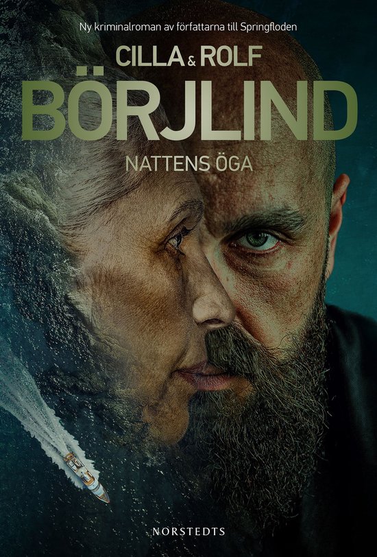 Boekcover met close-up van een man en vrouw, met een bootje op zee.