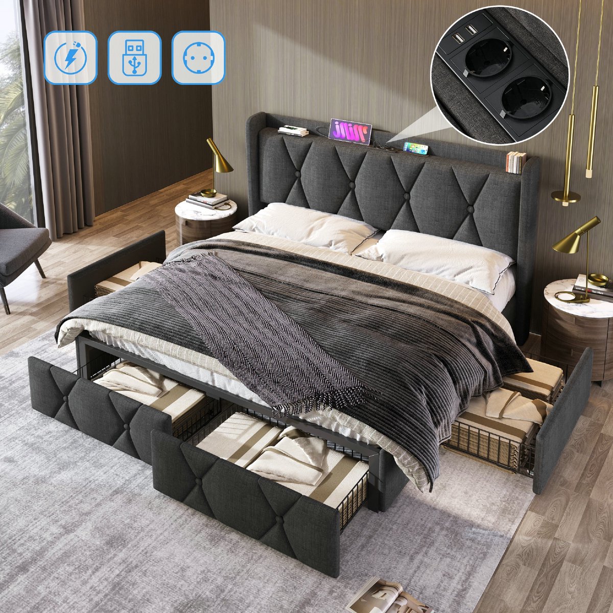 Opbergbed 140x200 cm bedframe met opbergruimte, 4 lades en USB-oplaad- en stopcontacten, volwassen bed met lattenbodem, linnen, grijs(Matras niet inbegrepen)