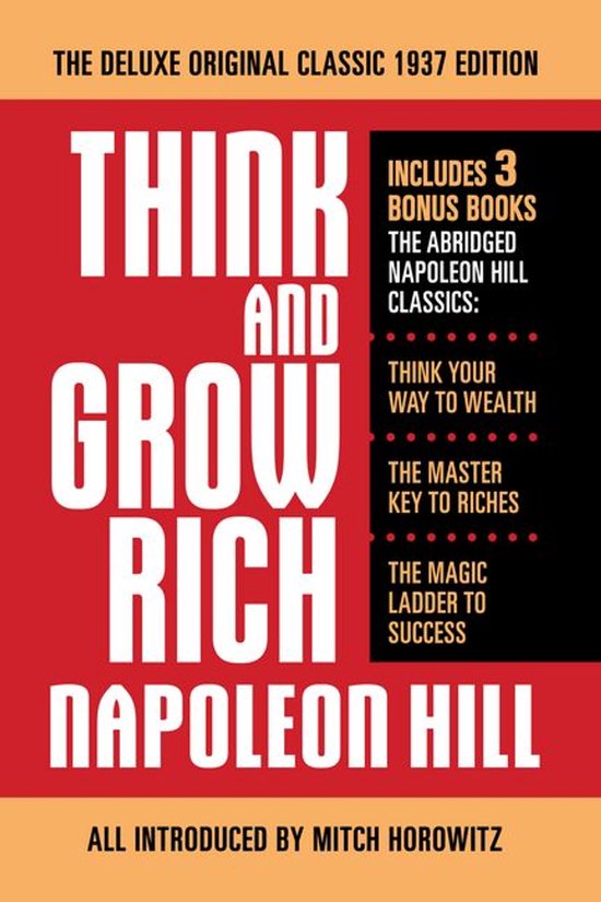 Boekomslag van 'Think and Grow Rich The Deluxe Original Classic 1937 Edition', met de titel in grote witte letters op een rode achtergrond.