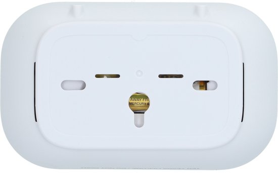 Achterkant van de witte koolmonoxidemelder, met bevestigingspunten en een "AWAY FROM MERCURY" sticker.