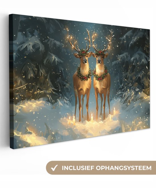 Canvas schilderij 120x80 cm - Exclusieve wanddecoratie Dennensprookje - Rendier - Nacht - Muurdecoratie woonkamer - Slaapkamer decoratie - Kamer accessoires - Schilderijen op canvas