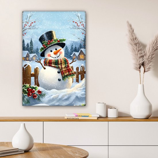 Tableau sur toile 60x90 cm - Décoration murale exclusive Bonhomme de neige - Village d'hiver - Coloré - Décoration murale salon - Décoration chambre - Accessoires de chambre - Peintures sur toile