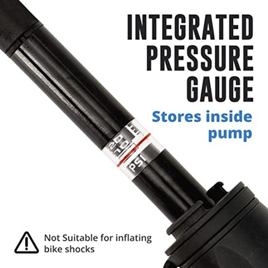 Mini fietspomp met meter voor Presta en Schrader ventielen - Draagbare fietspomp voor hoge druk 110 PSI - Ideaal voor weg, berg en BMX fietsen — afbeelding 3