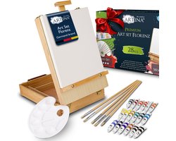 Artina Tafelezel Tekendoos 28-delig Set Schildersdoek 24x30cm - Acrylverf 18x12ml - 6x Penselen - Schildersezel Tafelmodel met Handgreep - Florenz