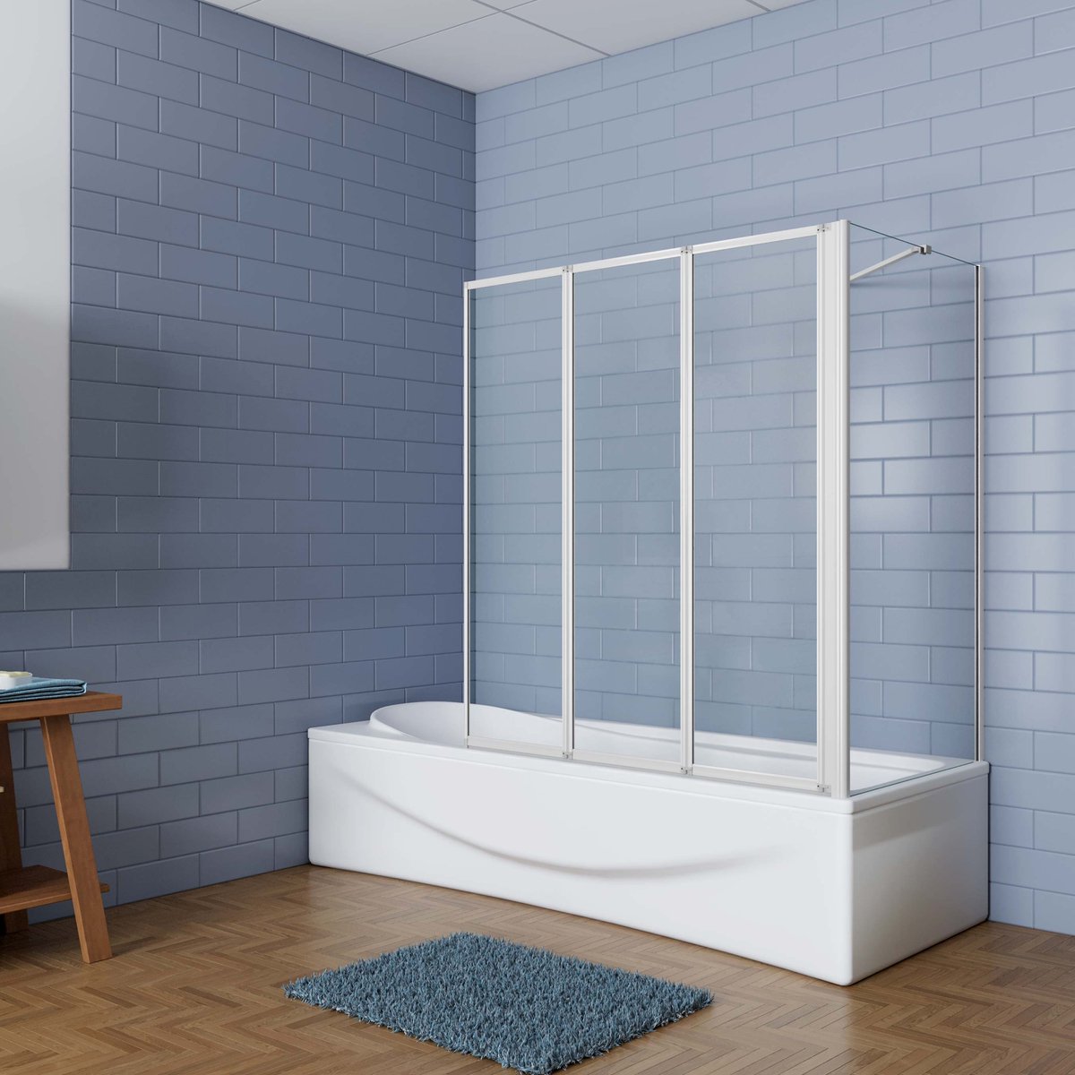 Aica Badwand 120x70x140cm 3-Delige Inklapbaar 4mm gehard glas-Grijs frame