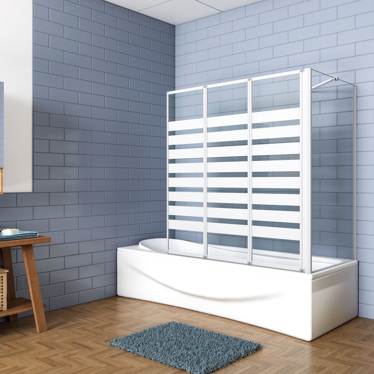 Aica Badwand 130x70x140cm-3-Delig Inklapbaar 4mm Gehard Glas-Grijs Frame-Rechtse Montage