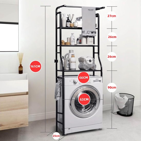 Azomor® Ruimtebesparend Wasmachinerek met Drie Planken en Handdoekhouder