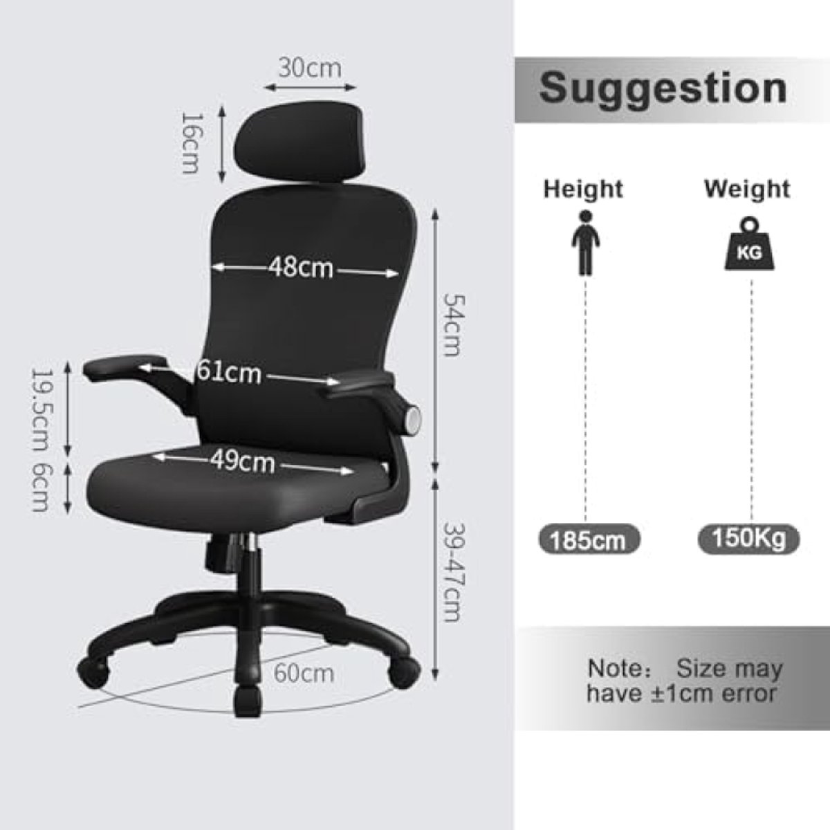 Bureaustoel, ergonomisch, met lendensteun, armleuningen, verstelbare hoofdsteun, computerstoel met hoge rugleuning, comfortabel, voor thuiskantoor thumbnail 4