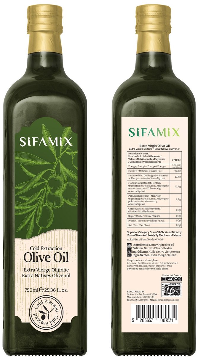 Sifamix Olijfolie extra vierge- 750ml fles- Koudgeperst – Gezonde en Pure Smaak