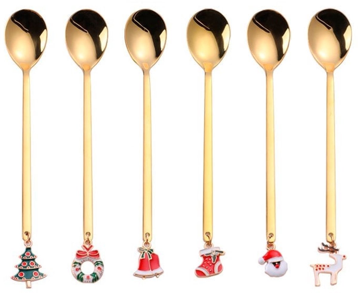 Gouden Kerst Theelepels – Set van 6 | Luxe Koffielepels voor Feestdagen | AULICA
