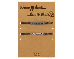 Koppel Armbandjes voor 2 "Waar jij bent, ben ik thuis" - Her King, His Queen - Vriendschapsarmbandjes met Liefdevol Cadeau Kaartje - Rosé Goud & Zwart - Elastisch Verstelbaar - Pax Amare