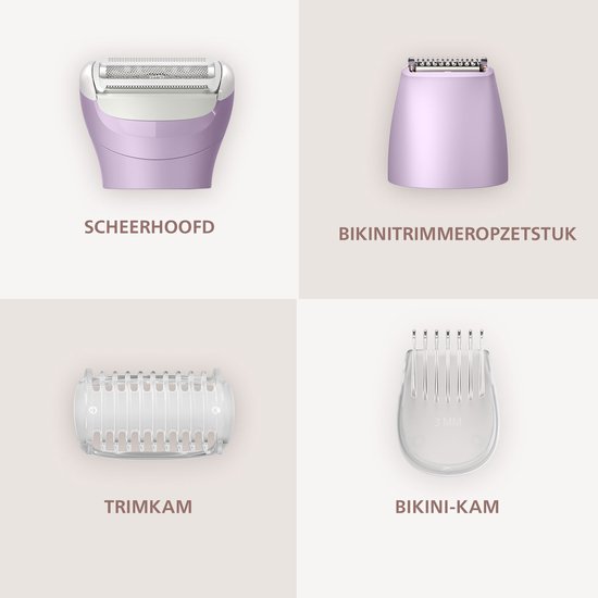 Scheerhoofd, bikini trimopzetstuk, trimkam en bikini-kam van paarse lady shaver.