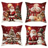 K&R Ventures® Kerst Kussenhoezen – Set van 4 Stuks – Kussenslopen 45x45 cm – Rood & Wit – Santa Claus, Rendier, Boom & Sneeuwpop – Zachte Kerstdecoratie voor Bank, Woonkamer & Slaapkamer (zonder inlegkussen)