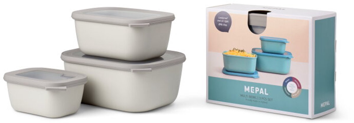 Mepal - Multikom Cirqula rechthoekig 3-delige set (750+1500+3000) - Mag in de vriezer, magnetron en vaatwasser – Nordic white – Meal prep bakjes - Bewaardozen met deksel