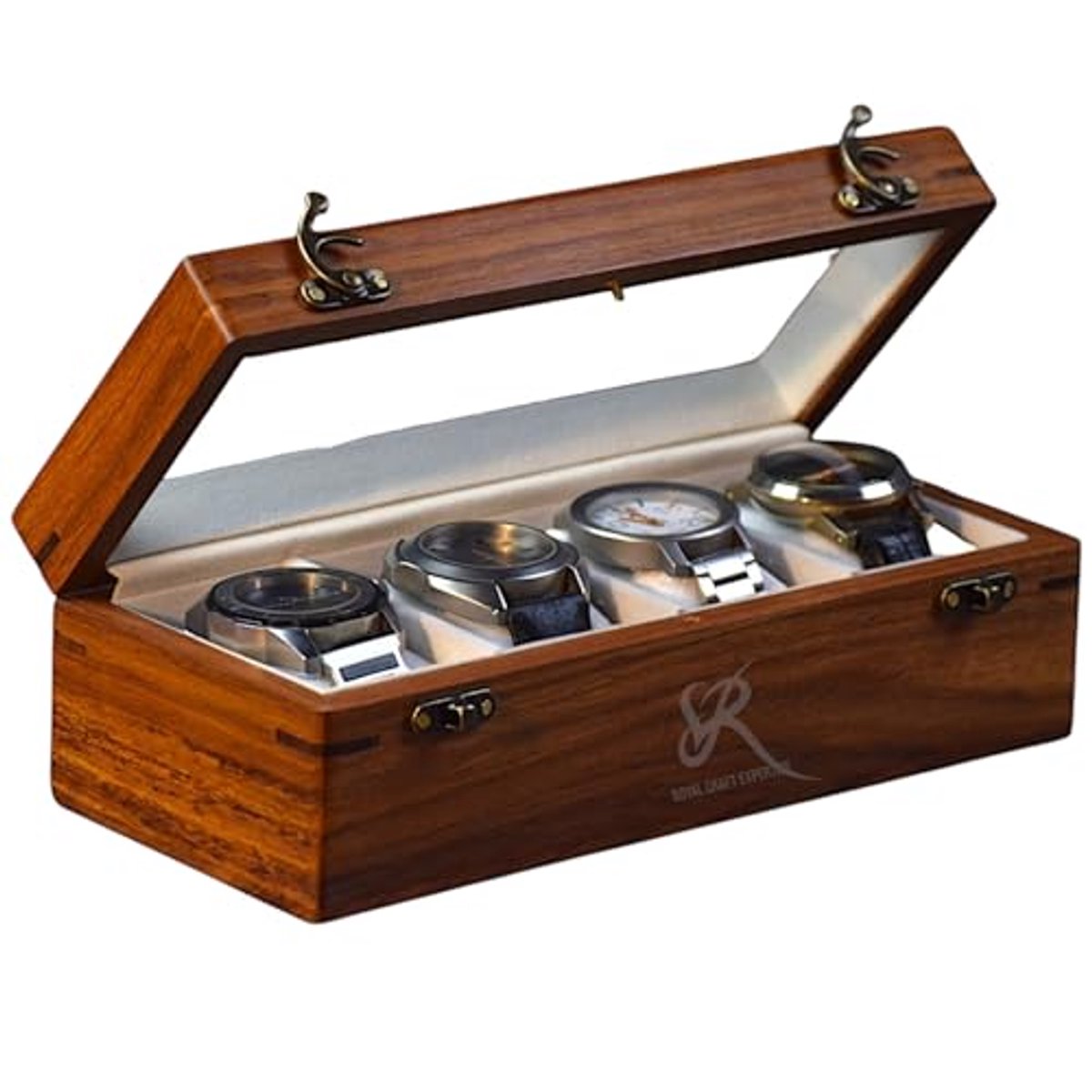 Houten Horloge Doos - Luxe Organizer met 4 Slots en Glazen Deksel