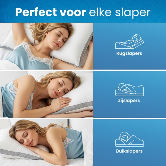 Trois positions de sommeil : sur le dos, sur le côté et sur le ventre. Montré avec une femme en chemise de nuit bleue sur un matelas blanc.