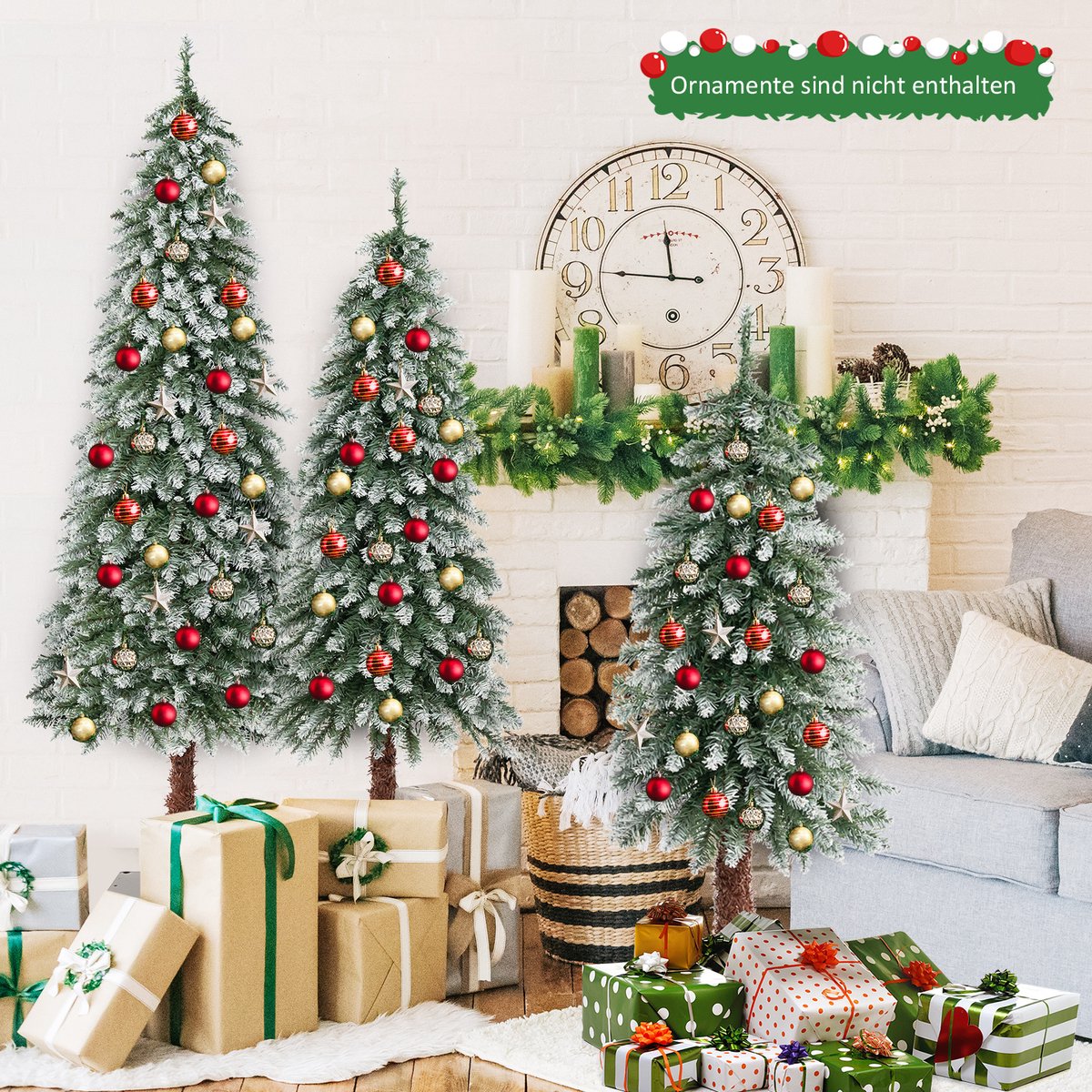 COSTWAY Kunstkerstboom, 3-delig, 90 + 120 + 150 cm, Kerstboom met sneeuw en warm witte ledlampen, smalle dennenboom met metalen standaard, besneeuwde Kunstboom, pvc-naalden, groen – foto 8