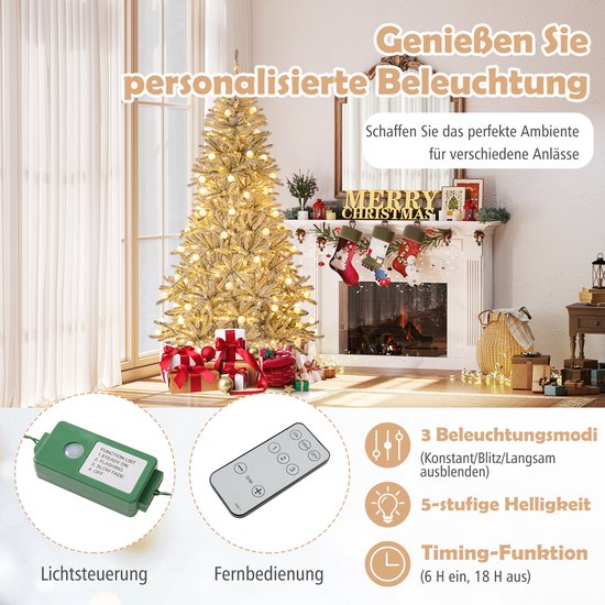 COSTWAY 180 cm kunstkerstboom met verlichting, spar met 250 veelkleurige LED-lampjes, 11 standen en 530 PE-takken, groen