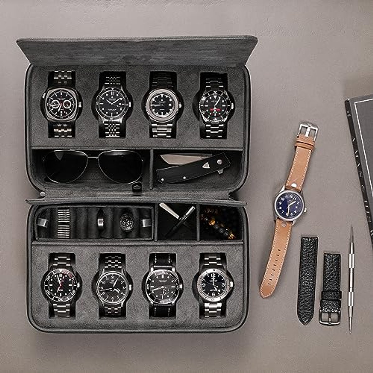 8-Horloge Travel Case met Zonnebril- en Accessoire Opslag
