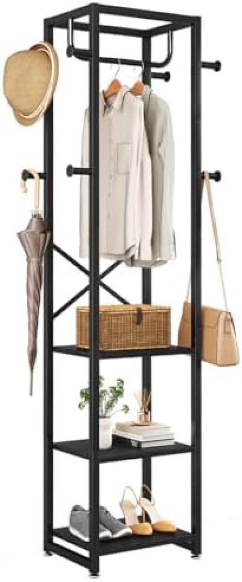 PromoHome Vrijstaande kapstok met 3 planken en 8 haken, kledingstandaard voor entree, hal, slaapkamer, 180 x 40 x 30 cm, Zwart