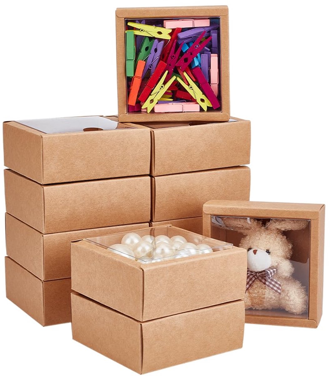 15 Stuks Papieren Dozen met PVC-Venster - 11 x 11 x 4,5 cm - BurlyWood Verpakking voor Geschenken en Ambachten