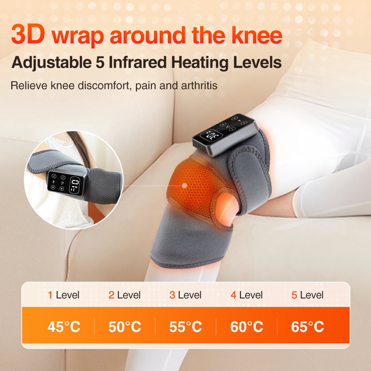 WK Elektrische Infrarood Knieverwarmer met Vibratiemassage – 5 Infrarood Warmtestanden, 3 Massage Intensiteiten – Verlicht Gewrichtspijn, Artrose en Stijfheid – Draadloos & Oplaadbaar – 3000mAh Batterij – Automatische Uitschakeling