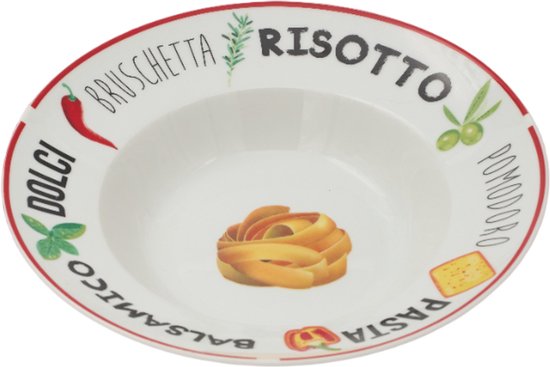 Wit diep bord met teksten als 'Risotto', 'Dolci', 'Balsamico', 'Pomodoro' en prints van pasta, peper, olijven en kaas. Rode rand.