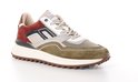 Herensneaker met groene, grijze, bordeauxrode en witte leren en suède panelen, en veters.