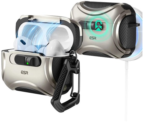 ESR Hoesje Geschikt Voor AirPods Pro 3 (2025) - Cyber FlickLock Case - Compatibel met MagSafe - Karabijnhaak - Titanium