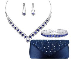 Avond clutch + 4-delige sieradenset (ketting, armband, oorbellen) – satijn met strass/zirkoon look – Bruiloft/galafeest – Kleur: Blauw